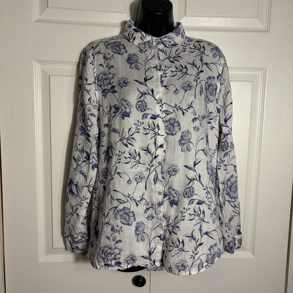 Cynthia Rowley 100% Linen Shirt Women M White Blue Floral Button Up Long Sleeve